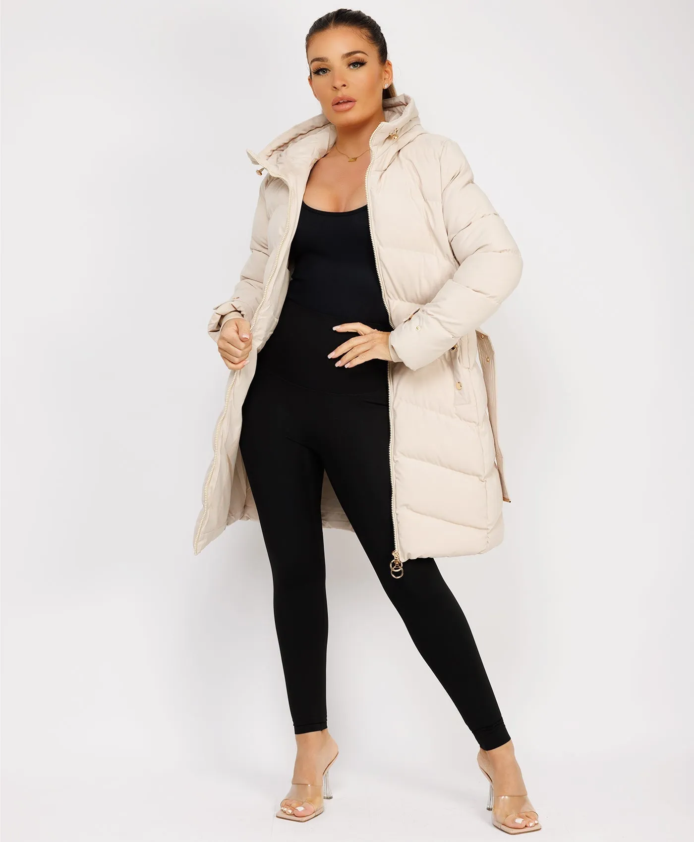 Beige Long Puffer Coat With Belt And Gold Button Detail