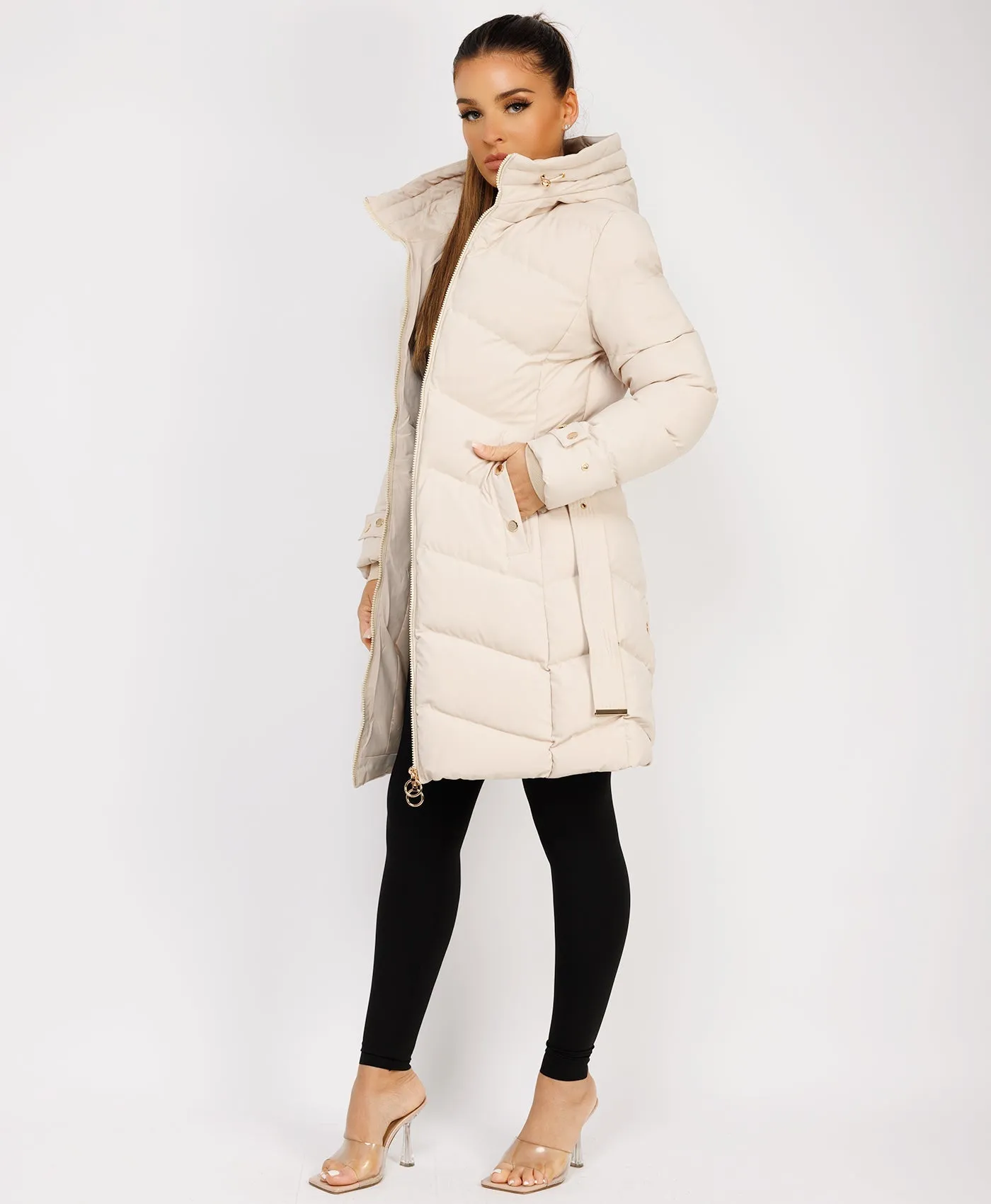 Beige Long Puffer Coat With Belt And Gold Button Detail