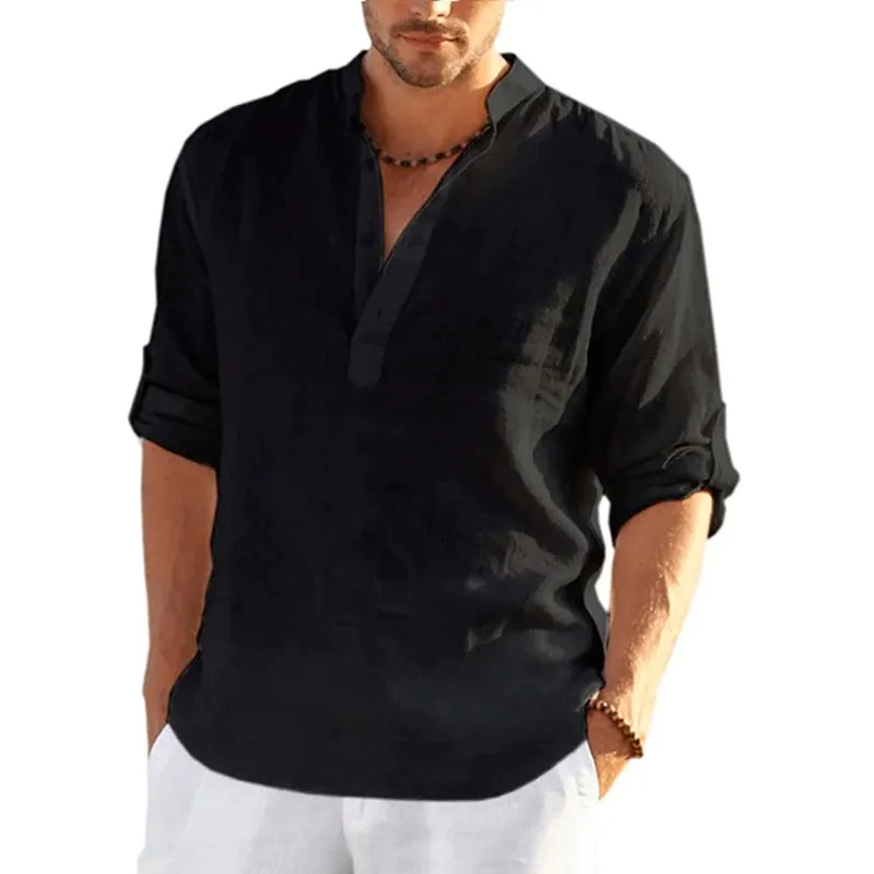 Linen Long Sleeve Shirt Solid Color Casual Long Sleeve Cotton Linen Shirt Tops Size S-5XL